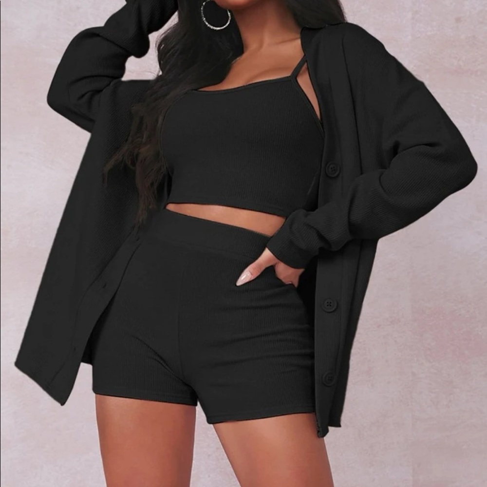 Crop + cardigan + shorts 3pc set